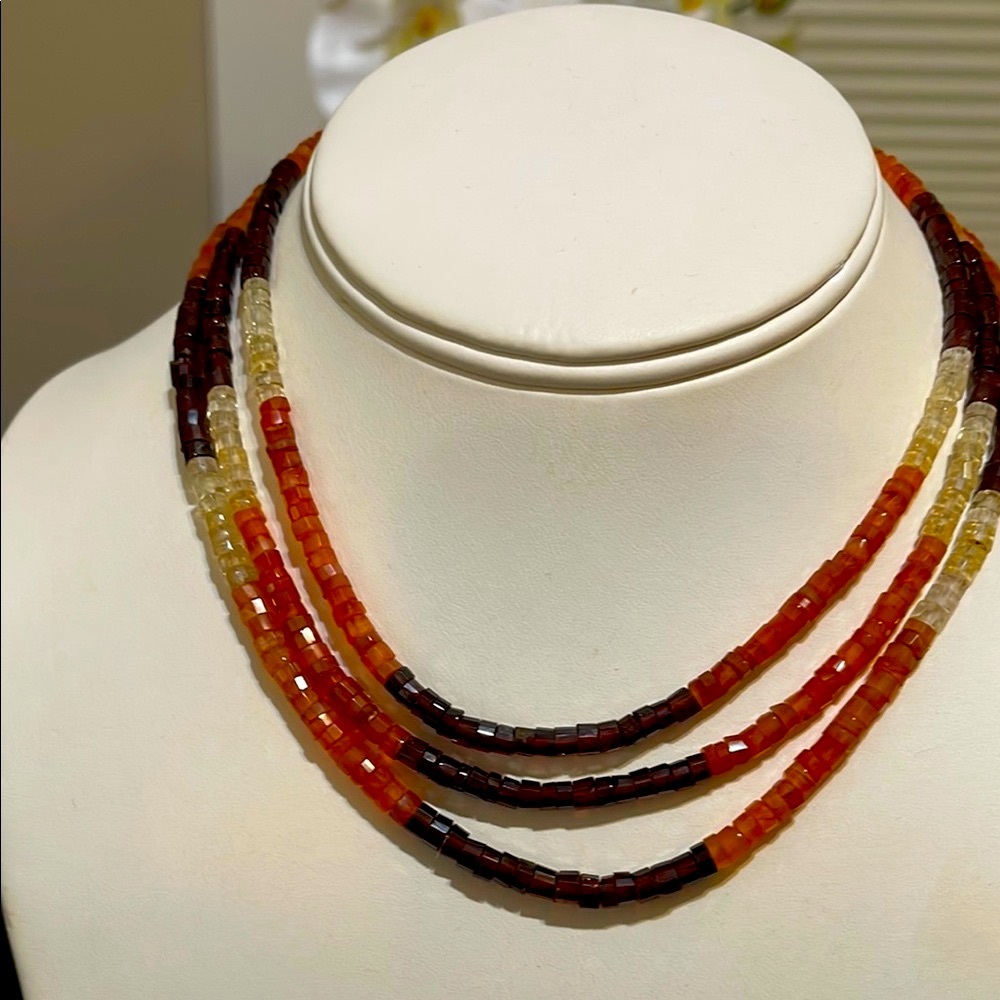 Elegant Multi-Gemstone 3-Strand Necklace – Carnelian, Garnet & Citrine